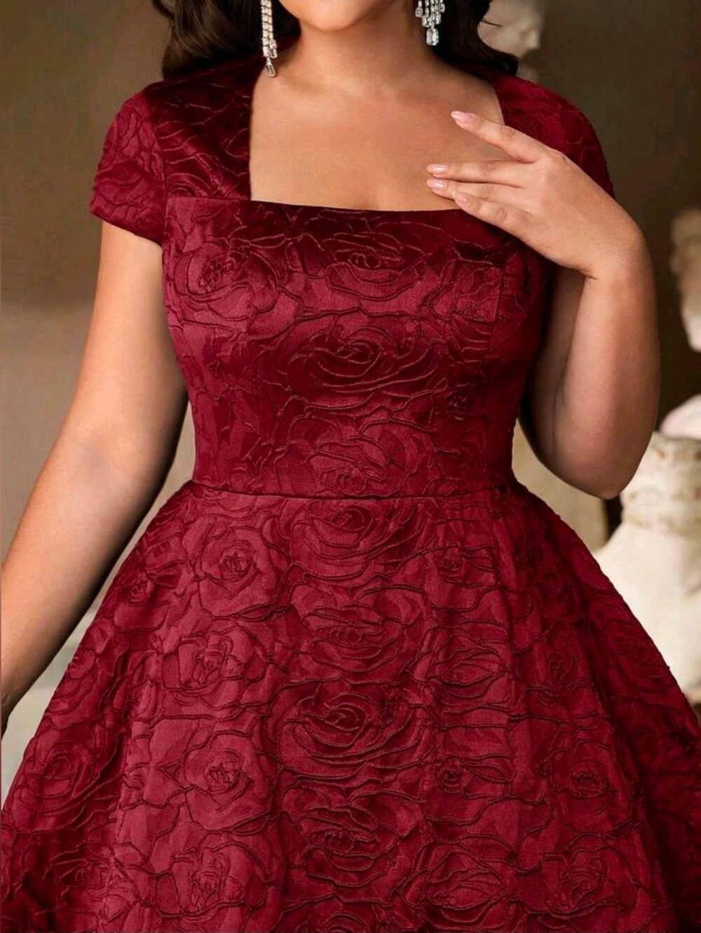 Deep Burgundy Rose Jacquard Midi Dress